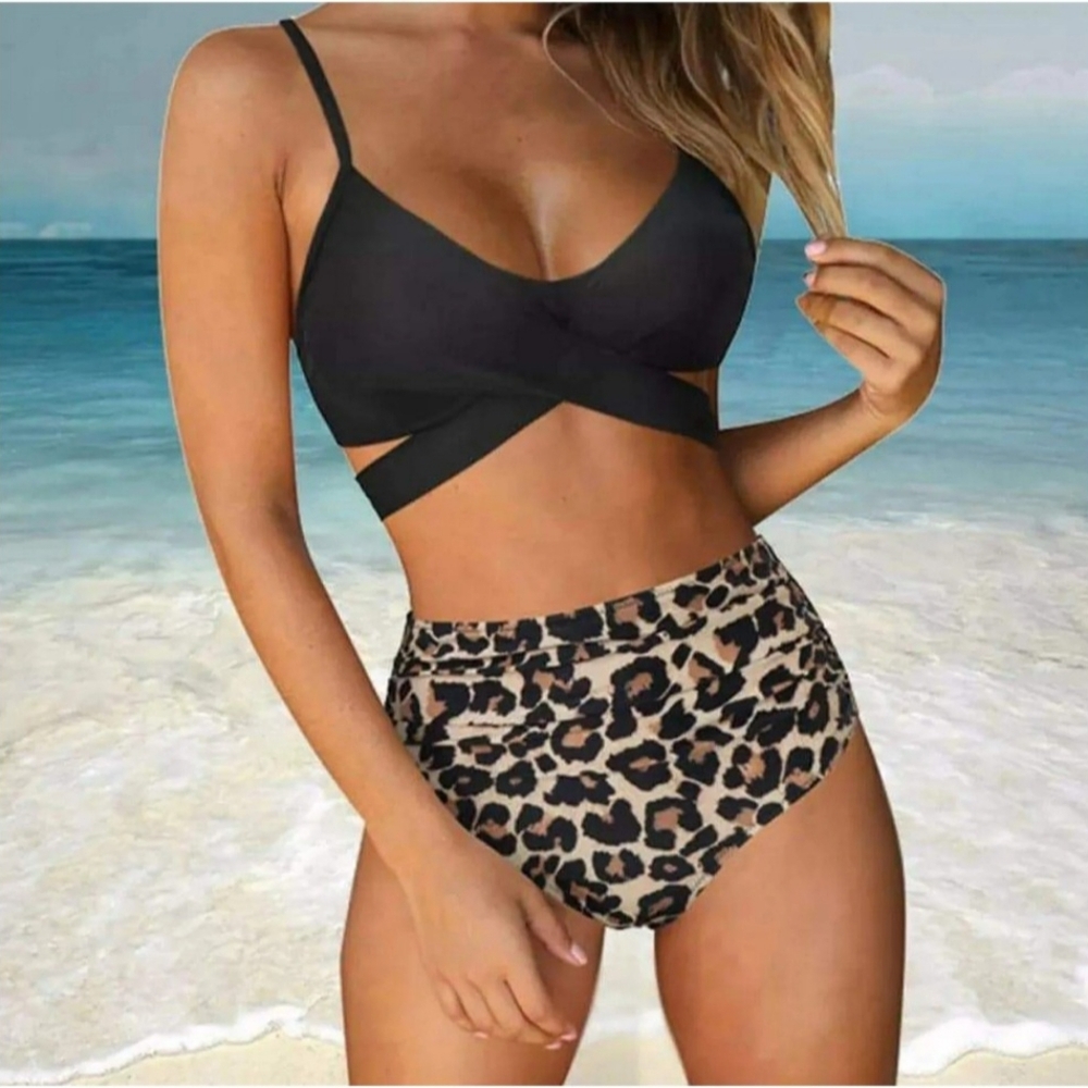 OMKAGI Women's High Waisted Bandage Bikini Set Wrap Two Piece Swimsuits Sz M